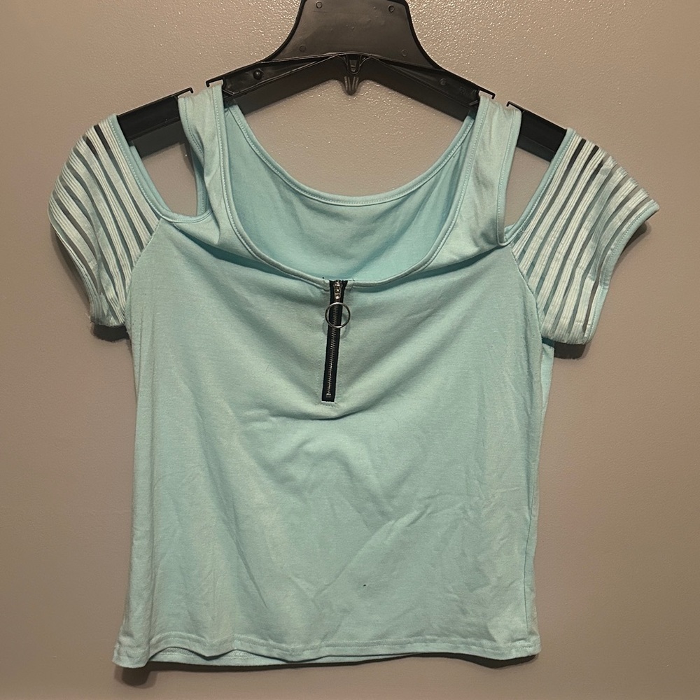 SHEIN Sky Blue Crop Top with Zipper Detail